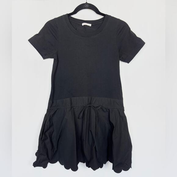 See by Chloe Black Cotton Scallop Hem Short Sleeve Drawstring Waist Mini Dress - Picture 3 of 10